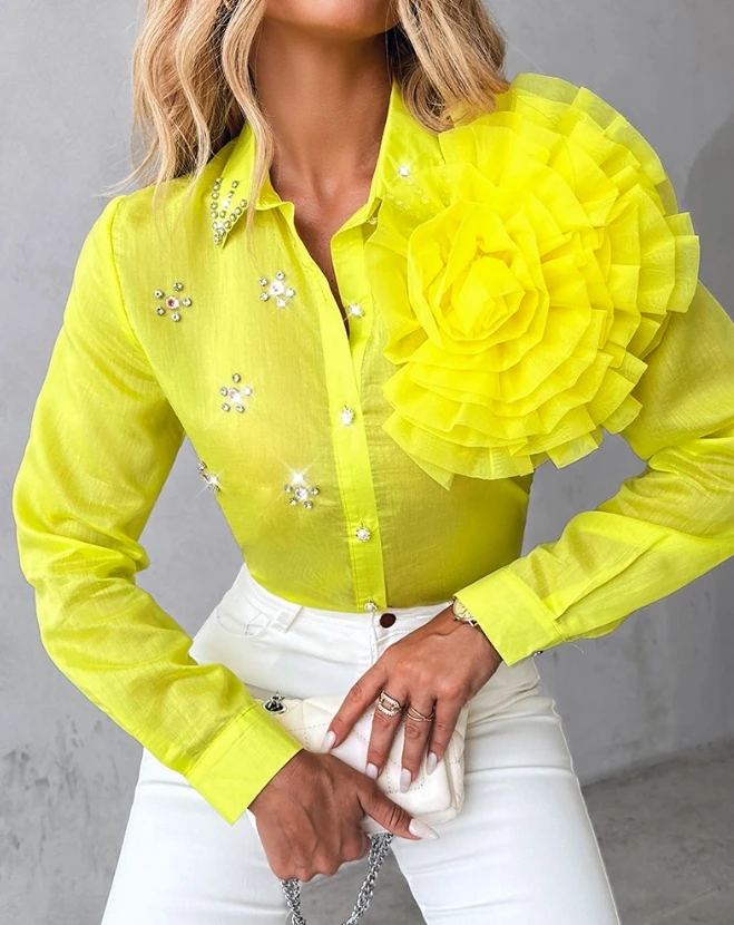 

Women Elegant Shirt Tops Rose Floral Detail Rhinestone Pearls Turn-down Collar Long Sleeve Blouse Top Casual Fall Shirt Top