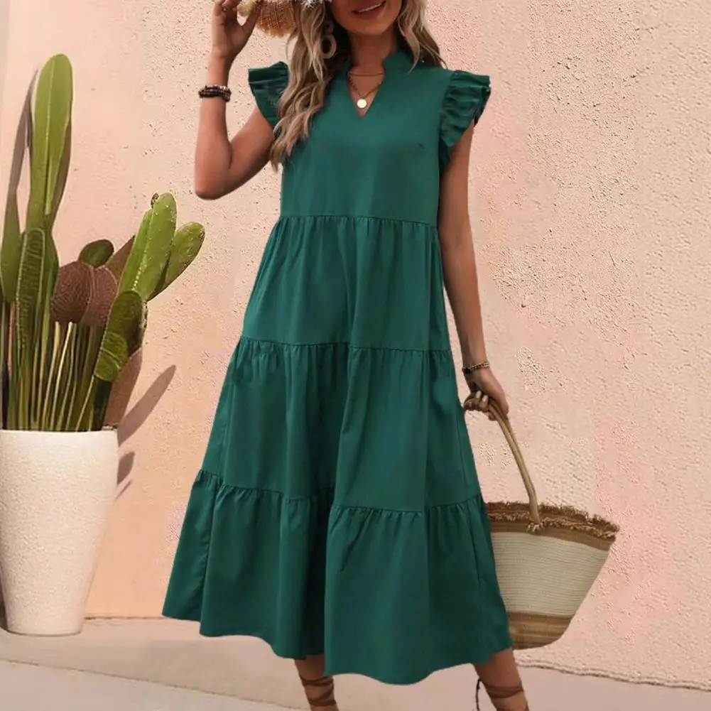 

Summer Dress Elegant V Neck A-line Midi Dress with Ruffle Sleeves for Women for Dating Parties Beach Vacations Dating Dress