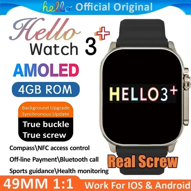 

Умные часы Hello Watch 3 Plus, оригинальные умные часы с AMOLED экраном, 4 Гб ПЗУ, Bluetooth, компасом, звонком, музыкой, умные часы для IOS, Android, 2024