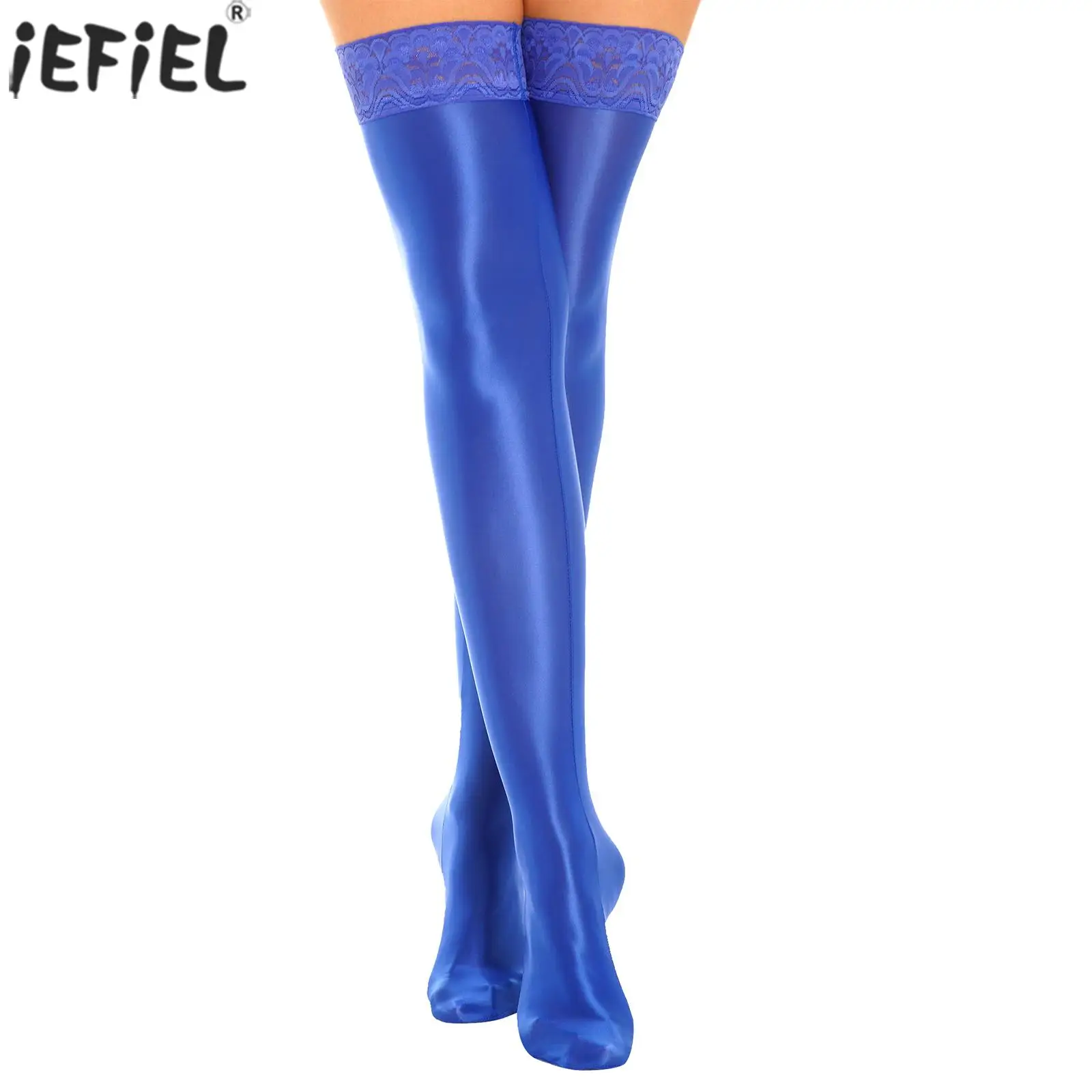 

Womens Glossy Smooth Leggings Solid Color Anti-skid Silicone Lace Trim Thigh High Socks Costume Accessories Stockings