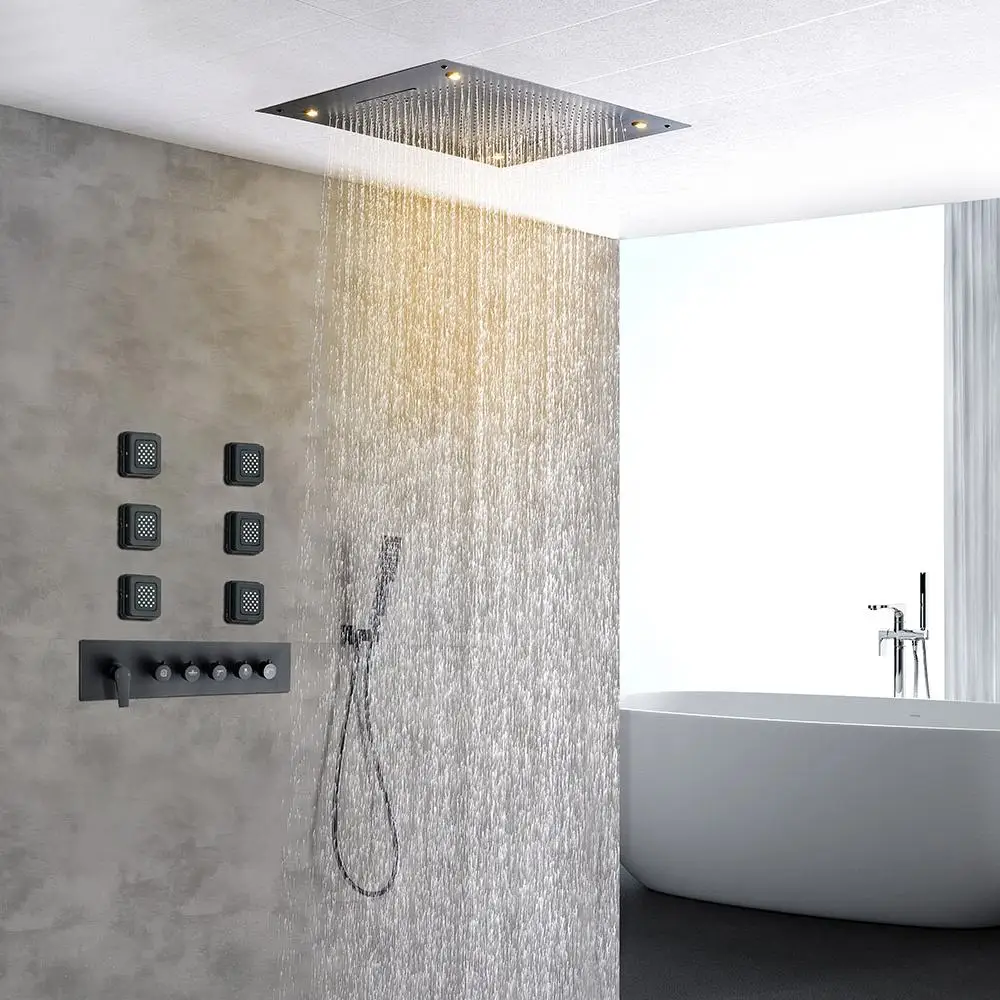 Black 800x600mm Embedded Concealed Ceiling Shower Head Wall Spray Mist Function Waterfall Function and Thermostatic Switch led
Black 800x600mm Embedded Concealed Ceiling Shower Head Wall Spray Mist Function Waterfall Function and Thermostatic Switch led