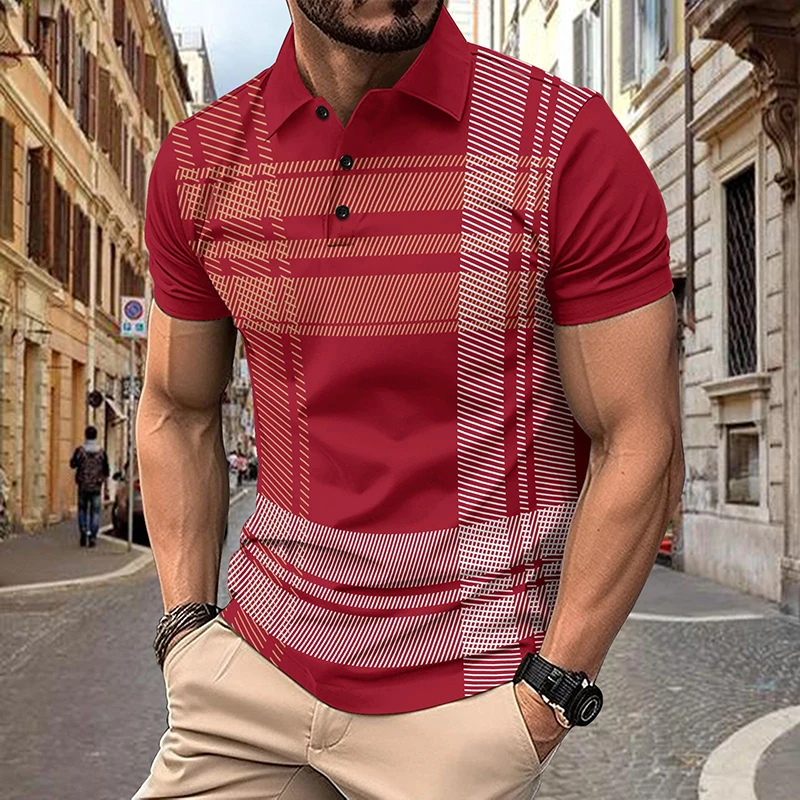 

Streetwear Mens Casual Short Sleeve Polo Shirt Summer Vintage Striped Printing Polos Men Shirts Leisure Loose Button Lapel Tops