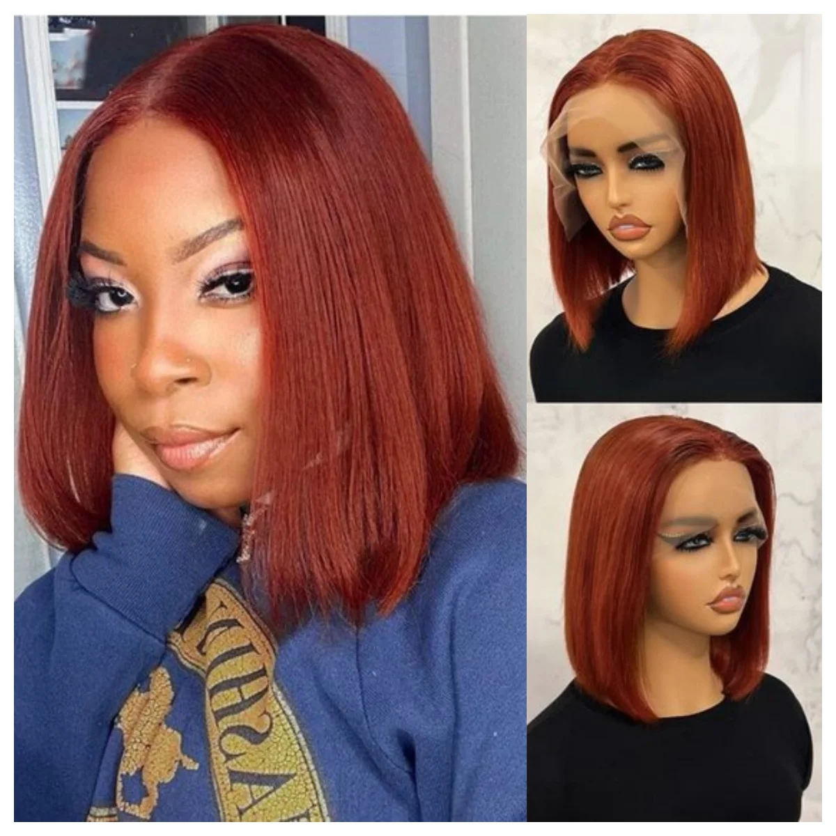 

Reddish Bob Human Hair Wigs Colored 13X4 HD Lace Frontal Wig Blunt Cut Straight 150% Brazilian Remy Human Hair For Black Women