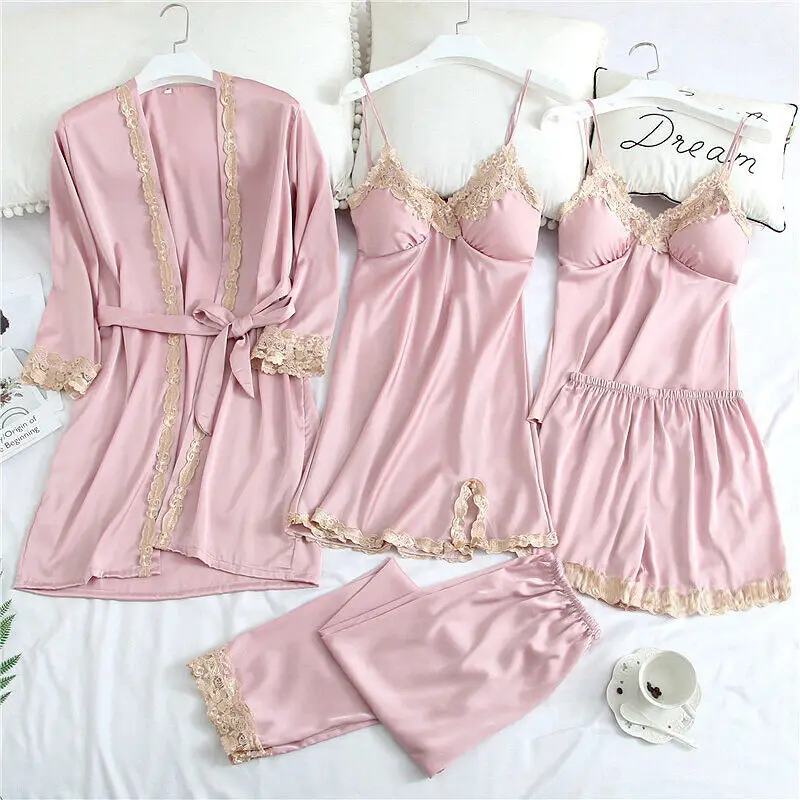 

5pcs Silk Robe Sleep Suit Womens Lace Satin Pajamas Gown Set V-Neck Cami Nighties Wear Pijama Home Nightwear Spring Nightdress