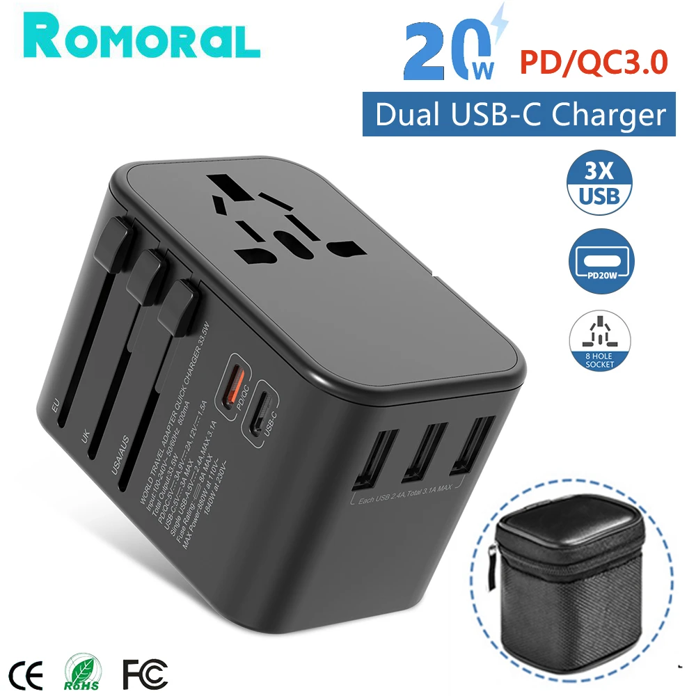 EU/US/UK/AU Travel Universal Converter Plug Power Adapter Dual Type C PD QC USB Fast Charger for Macbook Ipad Laptop Smart Phone
EU/US/UK/AU Travel Universal Converter Plug Power Adapter Dual Type C PD QC USB Fast Charger for Macbook Ipad Laptop Smart Phone