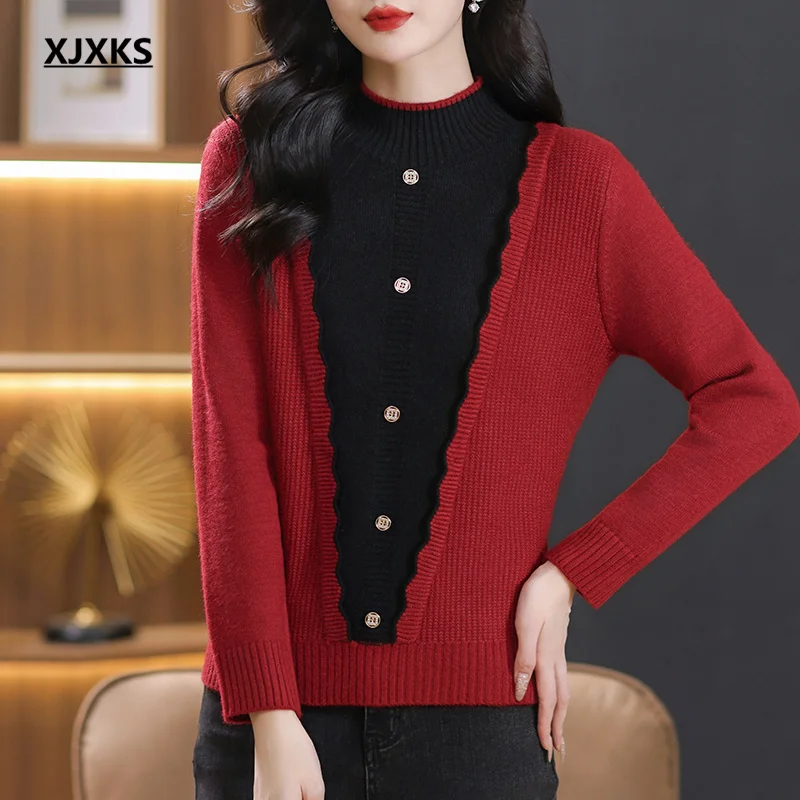 XJXKS 2024 Winter New Comfortable Warm Women's Turtleneck Sweater High Quality Wool Knit Pullover Fashion Color Blocking Top
XJXKS 2024 Winter New Comfortable Warm Women's Turtleneck Sweater High Quality Wool Knit Pullover Fashion Color Blocking Top