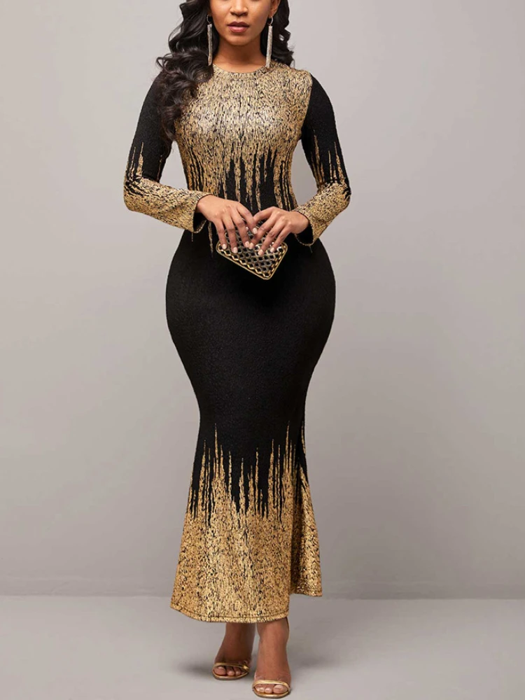 Elegant Mermaid Party Dress For Women Gold Printing O Neck Long Sleeve Vintage Bodycon Evening Occasion Gowns Big Size 4XL 2023
Elegant Mermaid Party Dress For Women Gold Printing O Neck Long Sleeve Vintage Bodycon Evening Occasion Gowns Big Size 4XL 2023