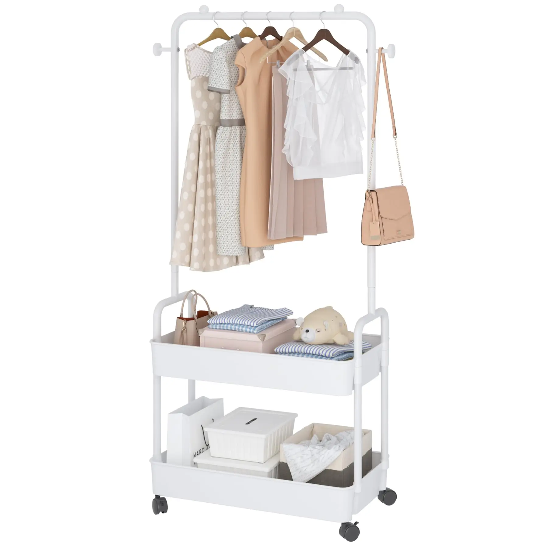 

White Wheeled Wardrobe: Metal Freestanding Trolley Coat Rack with 2 Tier Plastic Storage Shelf
