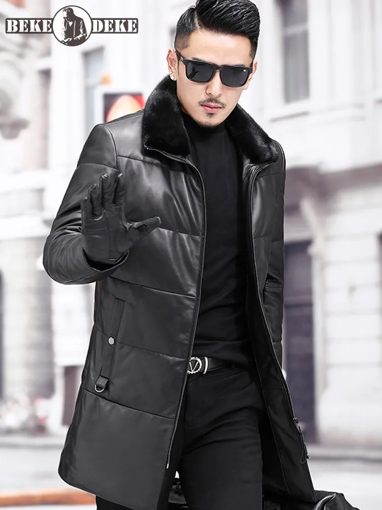 

Winter Business Men Work Thick Warm Down Jacket Mid Long Mink Fur Collar Genuine Leather Jacket Biker Riding Sheepskin Overcoat