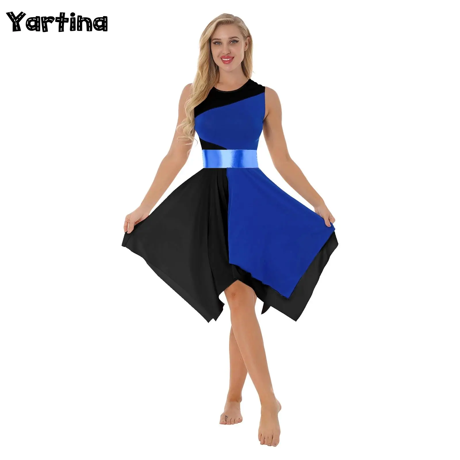 

Womens Liturgical Etiquette Praise Worship Robe Dance Costume Sleeveless Color Block Asymmetrical Hem Ballet Lyrical Dance Dress