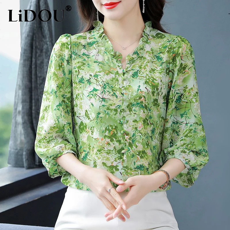 

Summer New Elegant Fashion Floral Printing Shirt Ladies 3/4 Sleeve Loose Casual Pullover Tops Women Ruffles Temperament Blouse