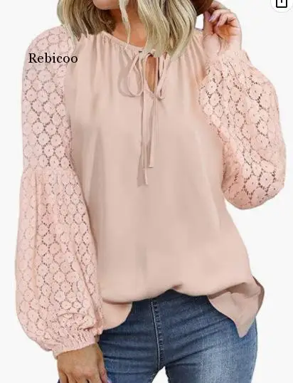 

2022 European and American foreign trade women's cross-border Amazon round neck long sleeve lace splicing tie rope loose T-shirt