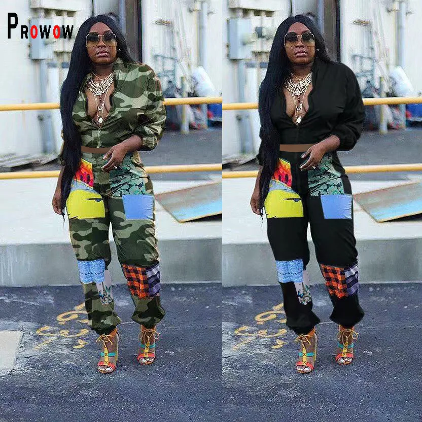 

Prowow Women's Tracksuits Zipper Crop Coat Elastic Waist Pant Two Piece Sporty Suits Camouflage Print Fall Female Clothing Set