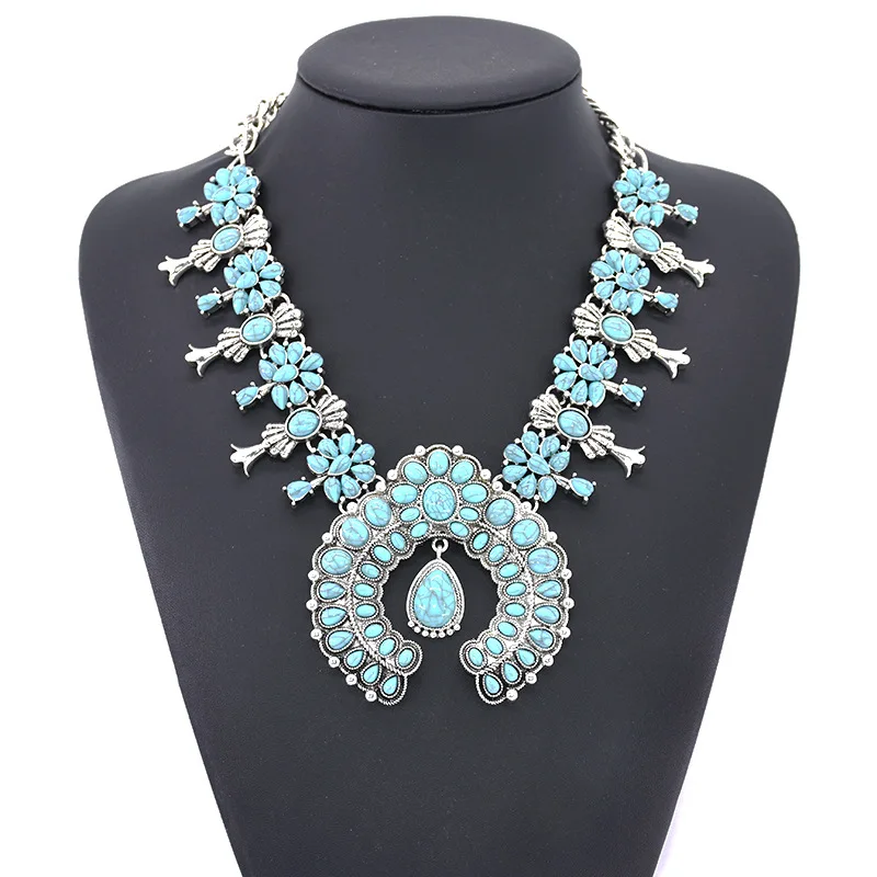 

One Piece Indian Vintage Statement Large Collar Necklace Boho Ethnic Maxi Long Big Chunky Turquoise Pendant Jewelry For Women