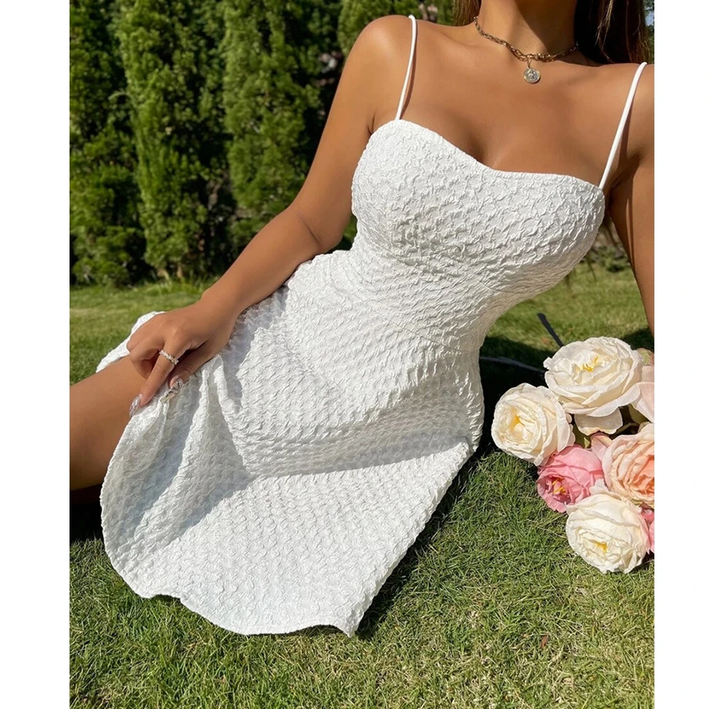 

Wepbel Sexy Sling Waist Trimming Dresses Short Sexy Camis Dress Bubble Grid Jacquard One-Piece Flare Textured Slim Waist Dress