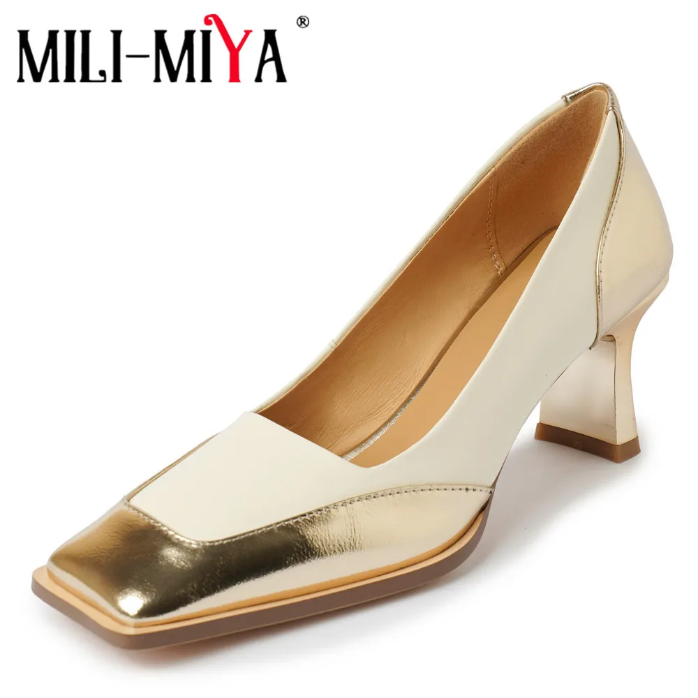 

MILI-MIYA Fashion Square Toe Women Sheep Skin Pumps Thick Heels Mixed Color Splicing Slip On Plus Size 34-41 Dress Party Shoes