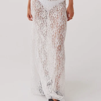 Mulheres Fada Florais de Renda Saias Longas Bainha Rujado Verão Outono Cintura Elástica Transparente Assimétrica Saia Longa Praia Streetwear 7 Combhasaki Women's Summer Y2K Vintage Beachwear Floral Lace Sheer See-through Low Waist Cover-ups Aesthetic Maxi Long Skirts