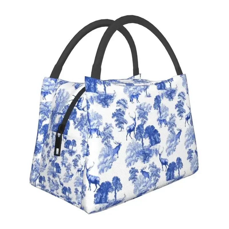 

Classic Blue French Toile Deer In Forest Insulated Lunch Bags for De Jouy Portable Thermal Cooler Bento Box Hospital Office