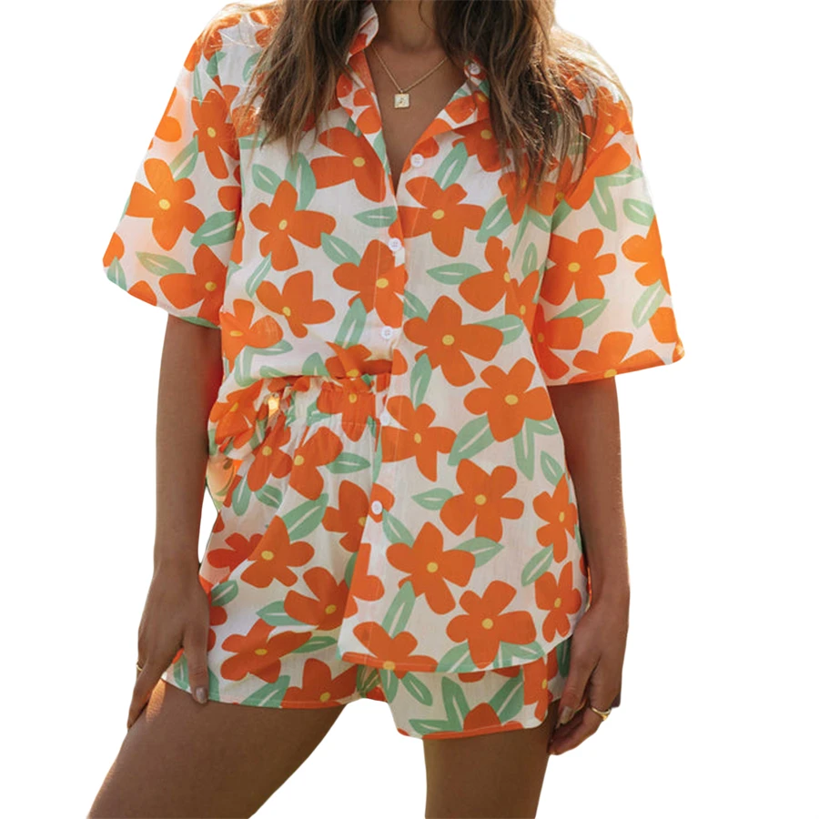 Женская летняя рубашка и шорты, Пляжная рубашка с отложным воротником и цветочным принтом + шорты с эластичным поясом, одежда для отдыха
Женская летняя рубашка и шорты, Пляжная рубашка с отложным воротником и цветочным принтом + шорты с эластичным поясом, одежда для отдыха