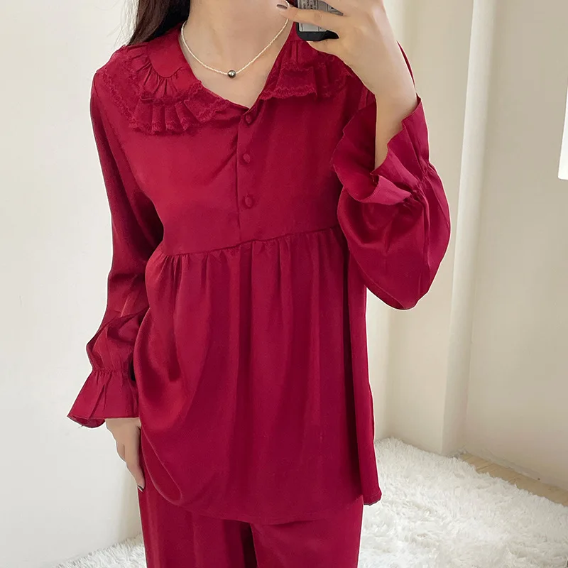 

Весенне-осенняя женская пижама, комплект из двух предметов, милая одежда для сна, Пижамный костюм, бордовый костюм с длинным рукавом и брюки, Свободная Домашняя одежда