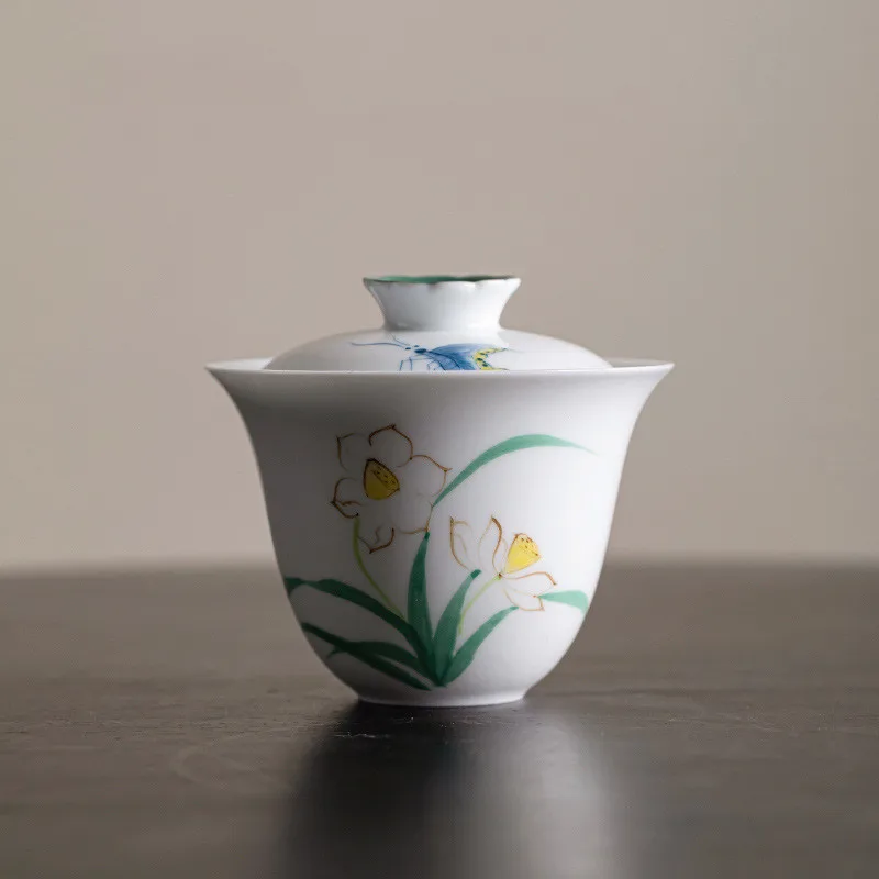 

Gaiwan Kung Fu Teacup 3.3 fl oz Porcelain Chinese Hand-Draw Orchids Decor Ceramic Drinking Ware