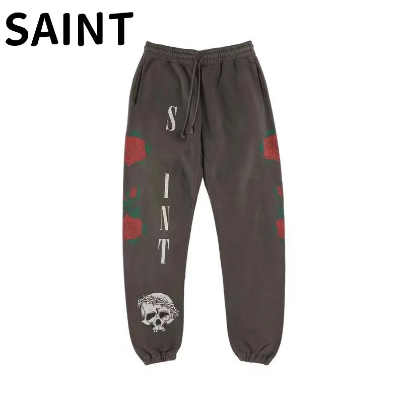 

Saint Michael's Top Edition High Street American Retro Pure Cotton Large Loose Rose Print Casual Sports Pants