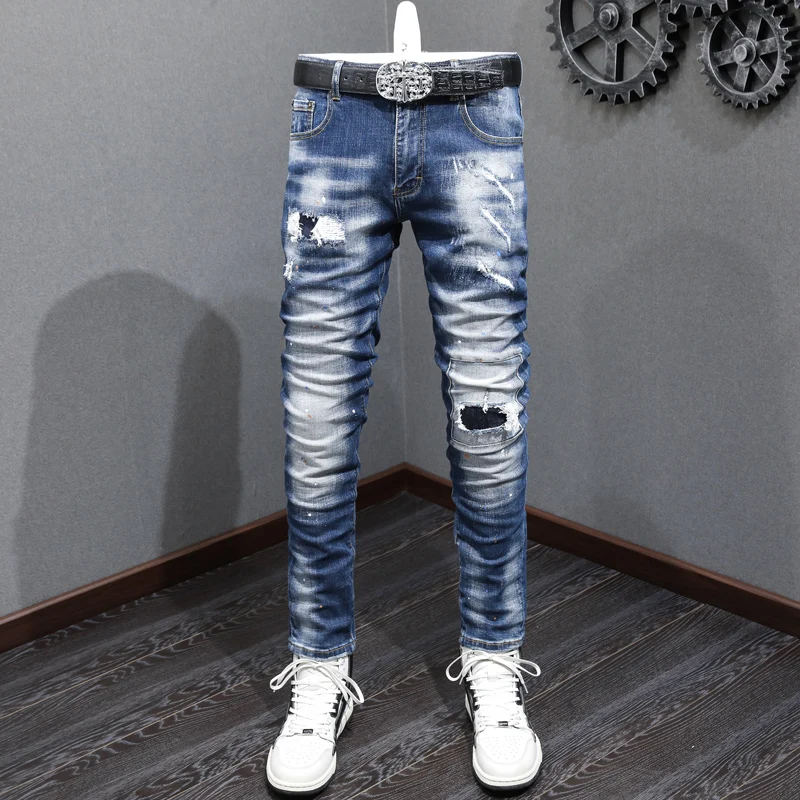 

Джинсы мужские Стрейчевые в стиле ретро, модные рваные джинсы скинни, винтажные брюки с рисунком, дизайнерские штаны в стиле хип-хоп, синие