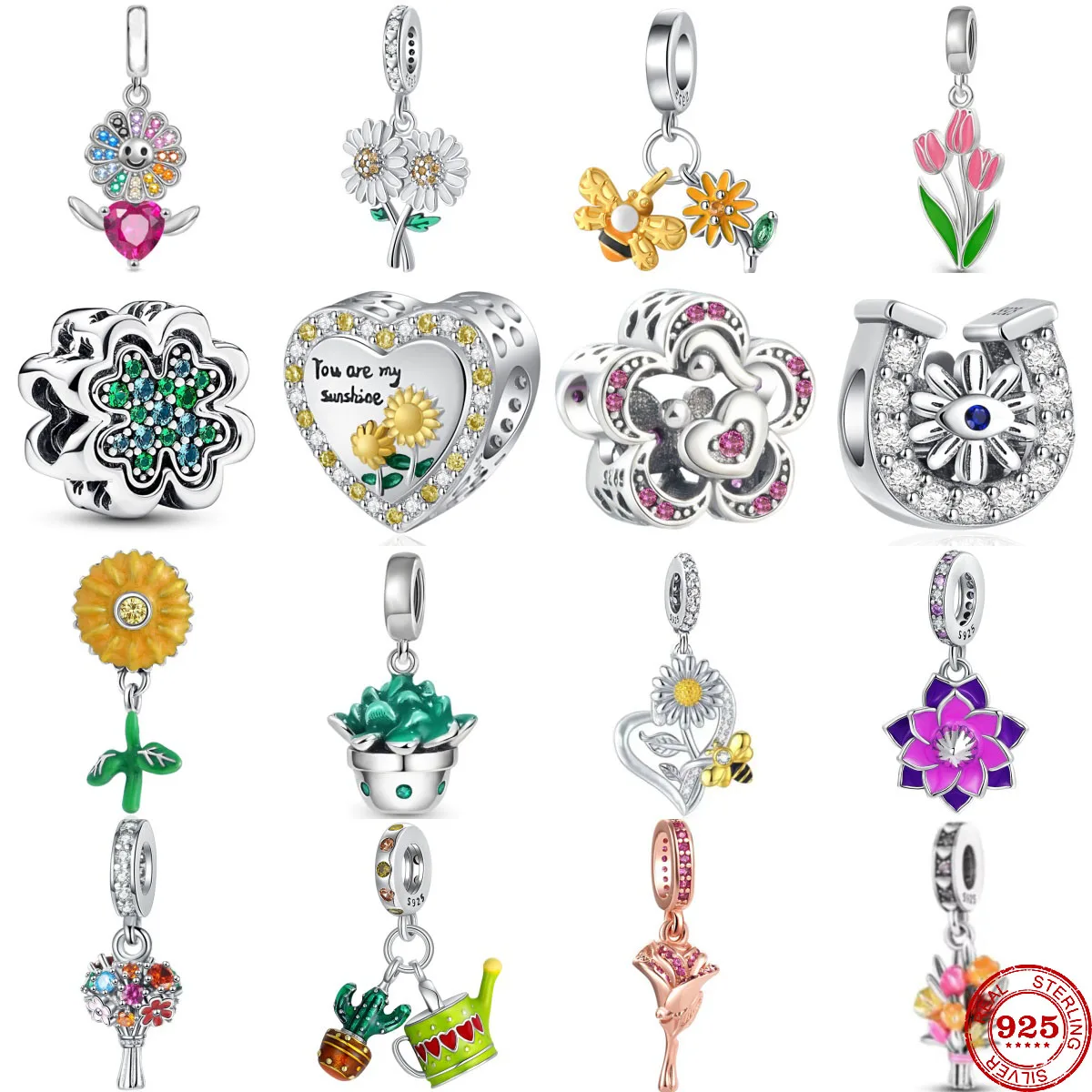 

New 925 Sterling Silver Sunflower Tulip Lucky Grass Dangle Pendant Beads Diy Fit Original Pandora Charm Bracelet Women Jewelry