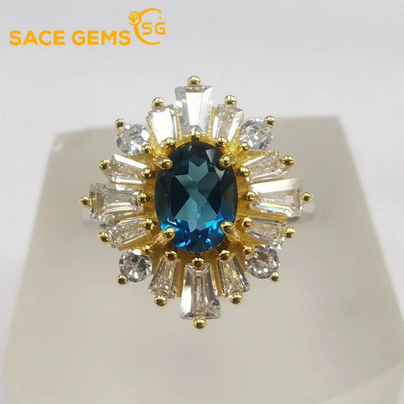 

SACE GEMS Resizable 925 Sterling Silver Sparkling London Blue Topaz Created High Carbon Diamond Wedding Rings Party Fine Jewelry