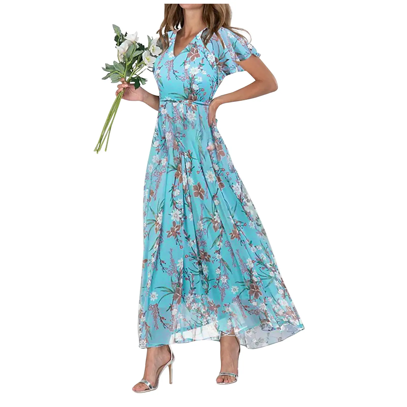 

Dresses Summer 2024 Woman Swing Long Dress Chiffon Floral Short Sleeve Ruffle V Neck Fashion Waist Flowy Dress платье летнее