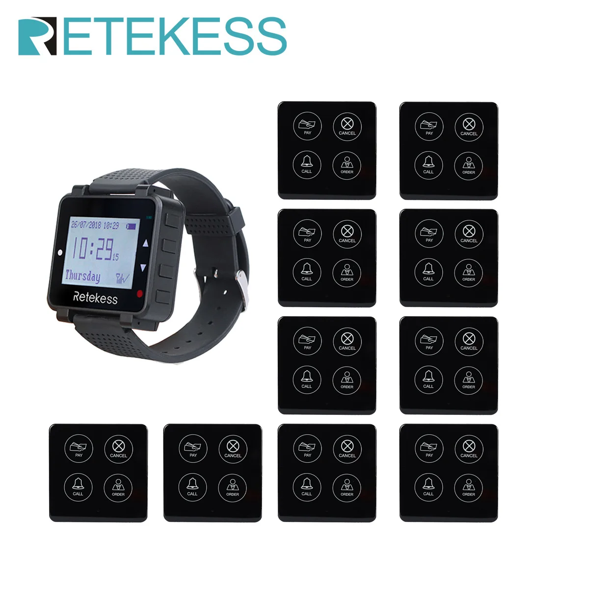 

Retekess Wireless Restaurant Pager Waiter Call System T128 Watch Receiver TD033 10 Waiter Call Button For Hookah Cafe Bar Club