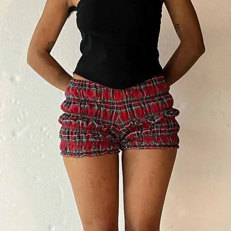 

90s Vintage Folds Lounge Shorts E-girl Kawaii Streetwear Cottage Plaid Print Shorts Low Rise Frill Tiered Slim Fit Short Pants