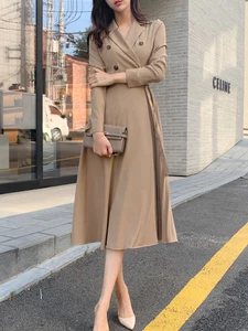 Spring Autumn Elegant Women Dress Chic Temperament Formal Notched Neck Slim Pleated Midi Party Street Robe Femme Mujer Vestidos