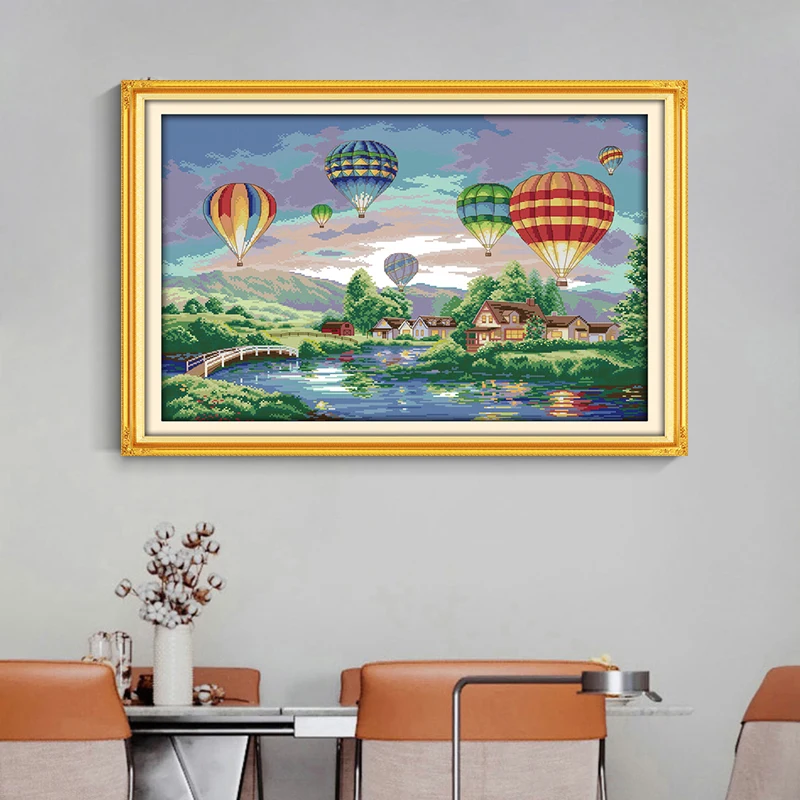 

Bright hot air balloon scenery cross-embroidered living room bedroom hanging painting, 11CT/14CT hand embroidery