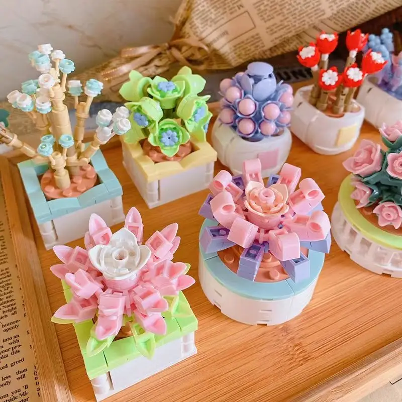 

Building Blocks Succulent Plants Potted Bouquet Cute Desktop Decoration Assembled Toy Girls Birthday Gift