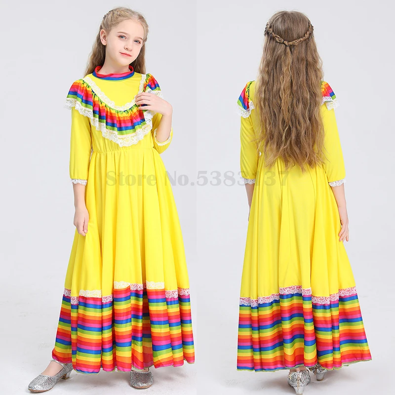 

Vintage National Mexico Style Dancer Dress Children Traditional Spanish Gypsy Folk Dancerwear Girl Cinco De Mayo Long Dresses