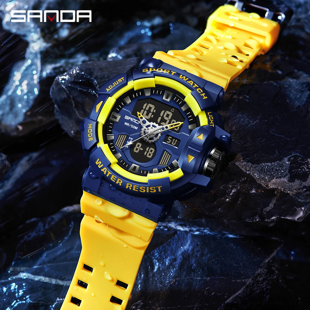 

SANDA Men Military Sport Wrist Watch Yellow Blue Quartz Waterproof Watch Dual Display Male Clock Watches Relogio Masculino 3129