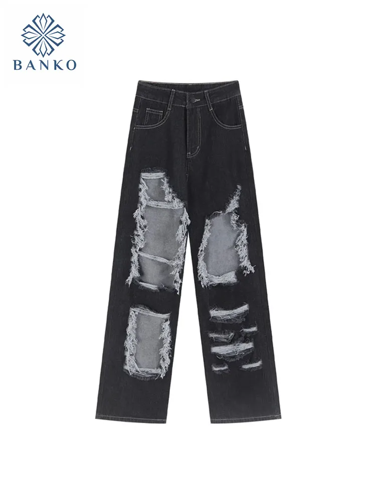 

American Retro Baggy Washed Black Wide Leg Pants Ripped Hole High Waist Full Length Trousers Baddie Korean Fashion High Street