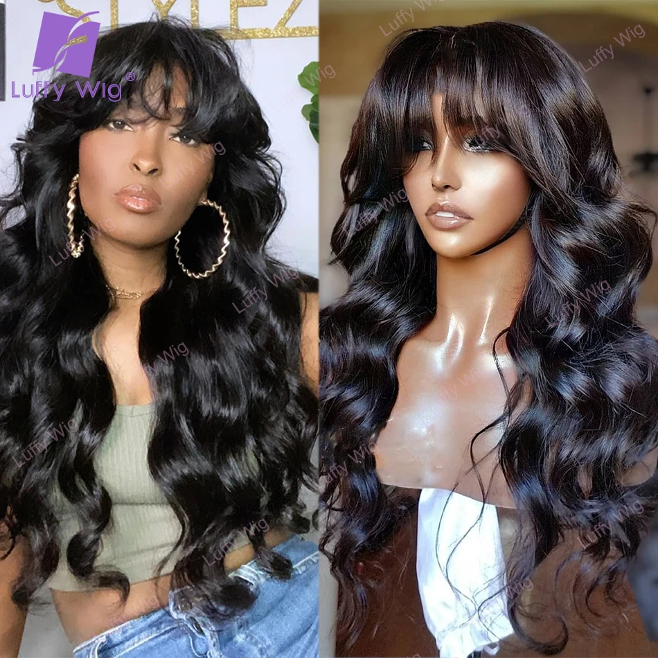 

Long Wavy Human Hair Wig With Bangs Brazilian Remy Hair Machine O Scalp Top Bang Wig 200 Density Glueless For Black Women LUFFY