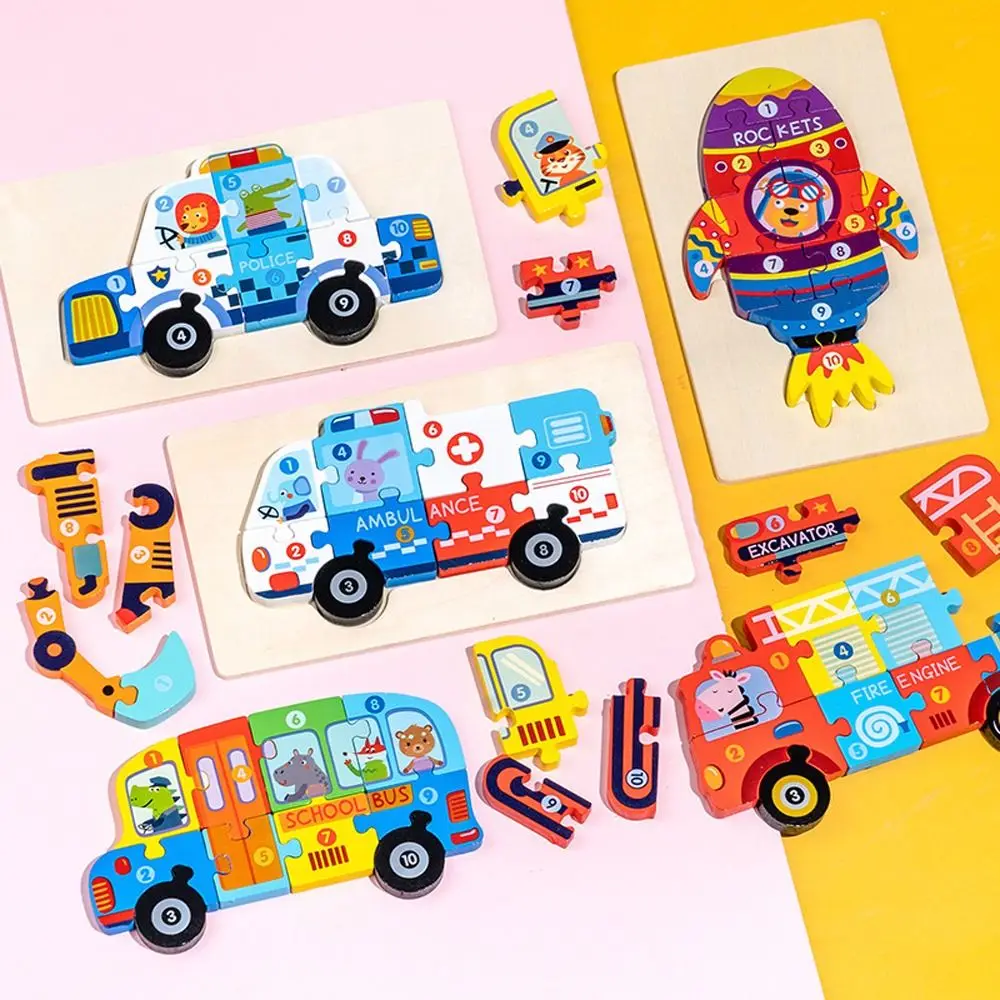 

Lovely Animal Ambulance School Bus Rocket 3D Intelligence Game Puzzle Early Education Toy Vehicle Jigsaw Kids Wooden Puzzle Toy