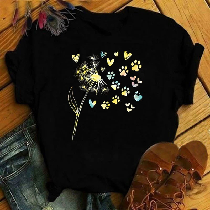 

Dog Paw Love Dandelion Print T Shirt Fans Summer Casual Short Sleeve Tee Cute Loose T Shirts