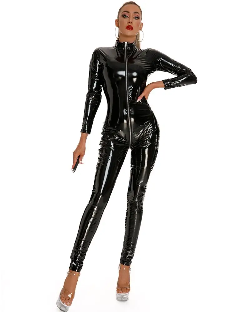 

Long Sleeve Wet Look PVC Catsuit 3 Zipper Open Crotch Bodysuit Shiny PU Leather Leotard Tights Sexy Jumpsuit Conjoined Unitard