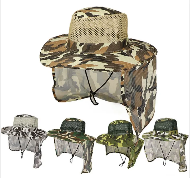 

Factory direct outdoor camouflage hat fisherman hat fishing hat sunshade net gauze hat Benni hat climbing hat jungle