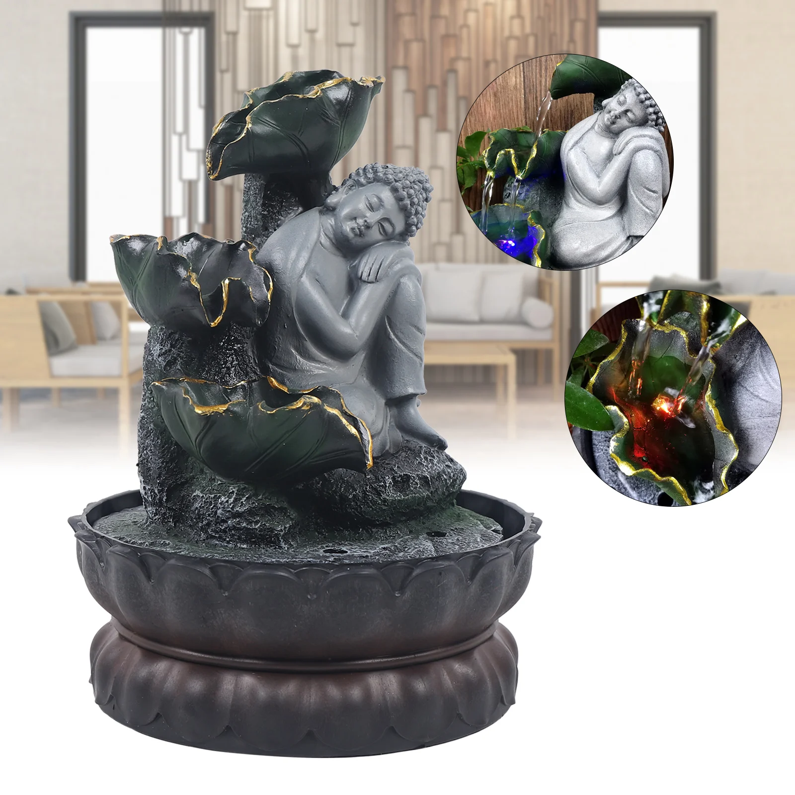 

Tabletop Water Fountain Zen Meditation Indoor Waterfall Feature with LED Light Buddhism Handmade Fountain Resin Statue