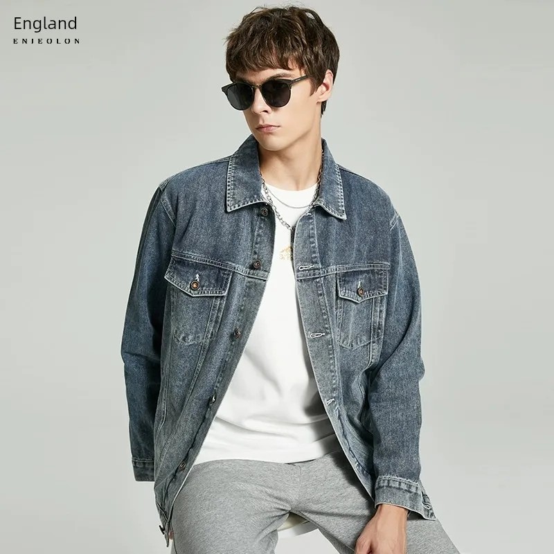 

Yingjuelun Trendy Brand Washed Denim Coat For Men's Youth 2024 Spring Autumn Season Casual And Handsome Polo Neck Jacket
