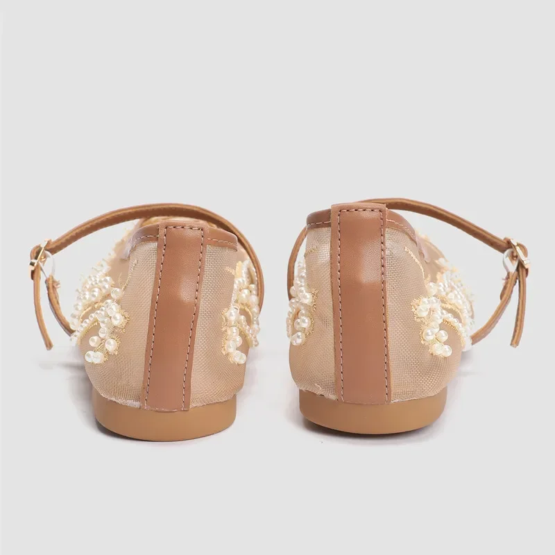 Summer White Pearl Decoration Mesh Embroidery Ballet Flats Women Elegant String Bead Flat Sandals Light Mary Jane Designer Shoes 37 S7837308fa78a46daa1f77a3ae9143193O