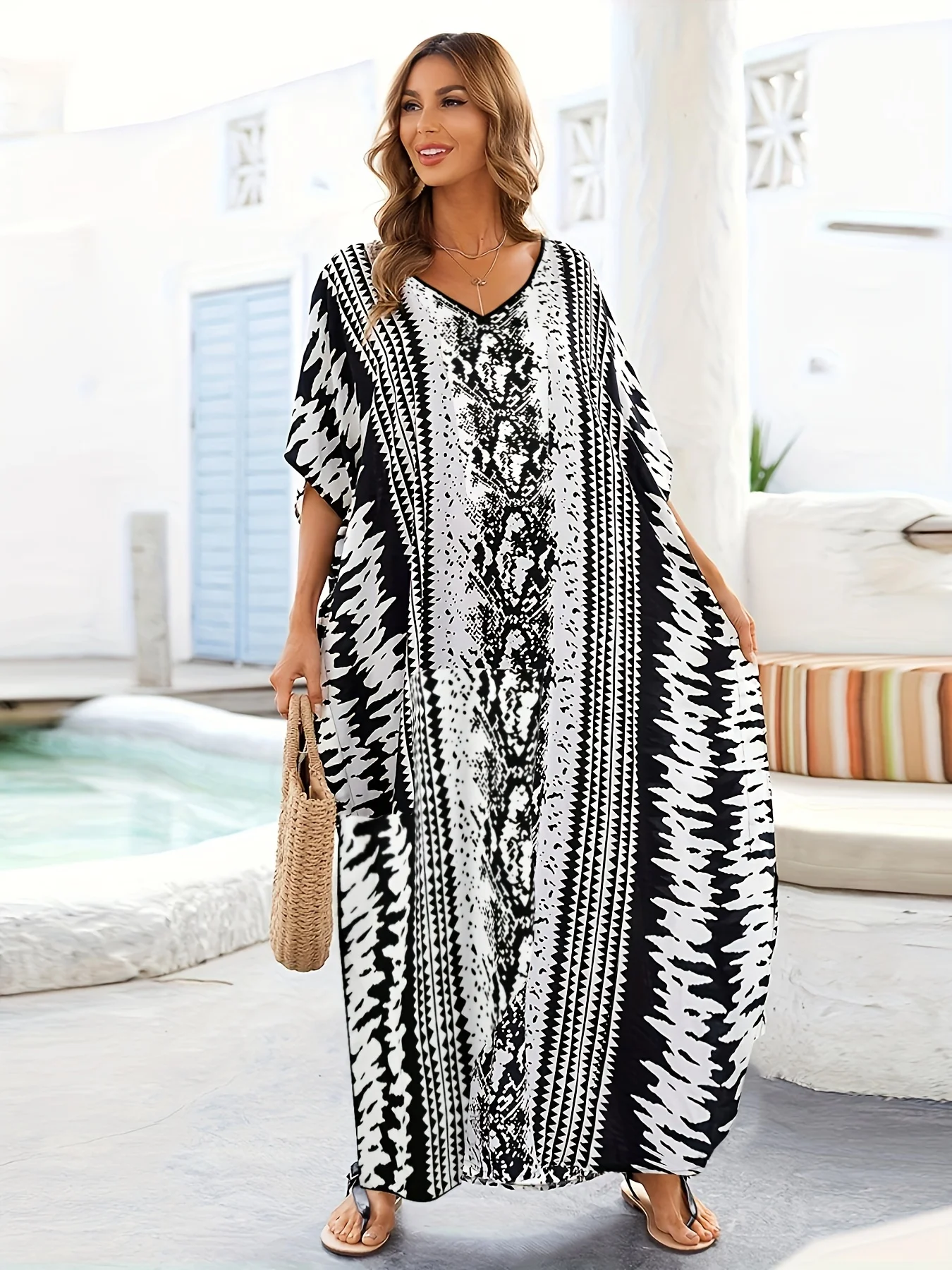 

odoodem graphic print v neck split kaftan batwing sleeve loose maxi cover up dress women's clothing