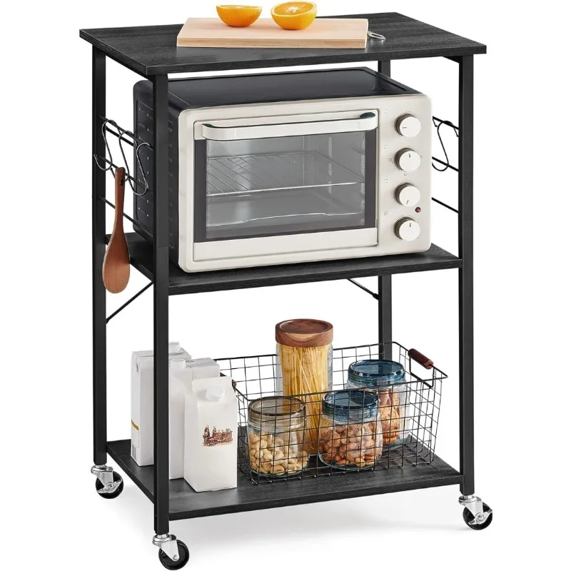 

Kitchen Shelf on Wheels, Serving Cart with 3 Shelves, Kitchen Cart, Microwave Shelf with 6 Hooks,5.7 x 23.6 x 35 Inches