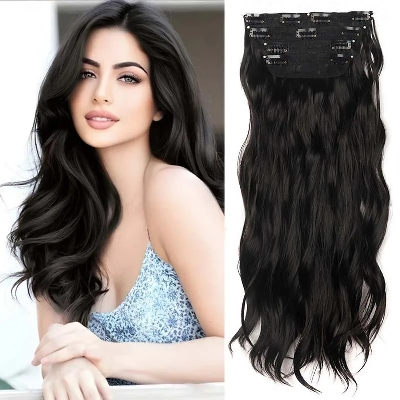 

Jeedou Synthetic Long Wavy Hair Extensions Thick For Full Head 4PCS/set Clip in Hair Bouncy Curly Hairpieces Black Brown Color