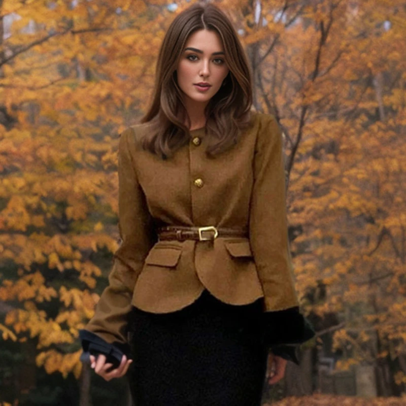 

Fall 2023 New Camel Woolen Short Coat Fashionable High-end Turn Down Collar Slim Elegant Jacket with Belt Veste Femme